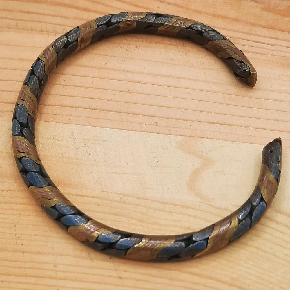 Vintage Tri Three Tone Twisted Metal Unisex Cuff Bracelet Copper Brass XLNT